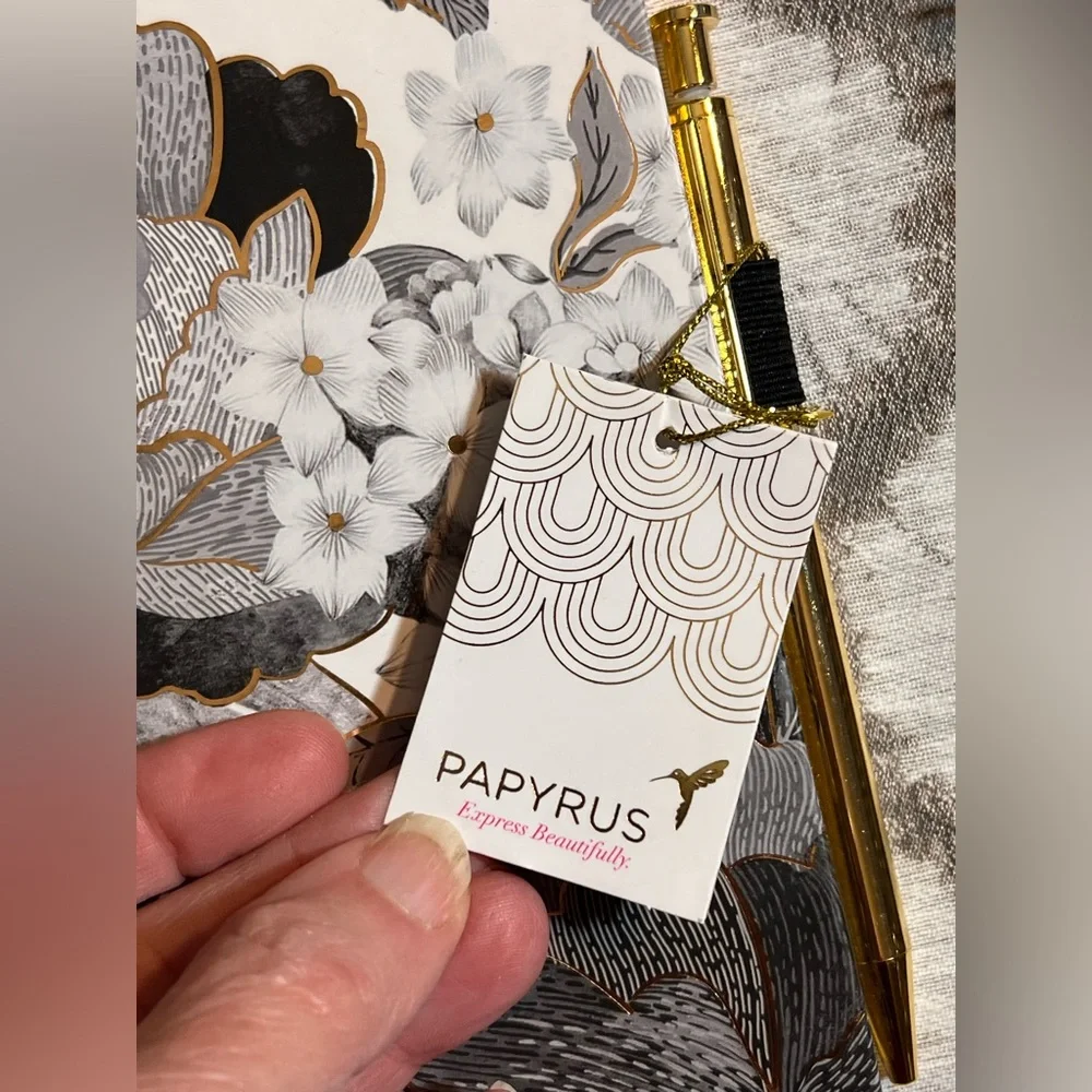 Papyrus Black and White Floral Notebook with Gold Pen Holder
